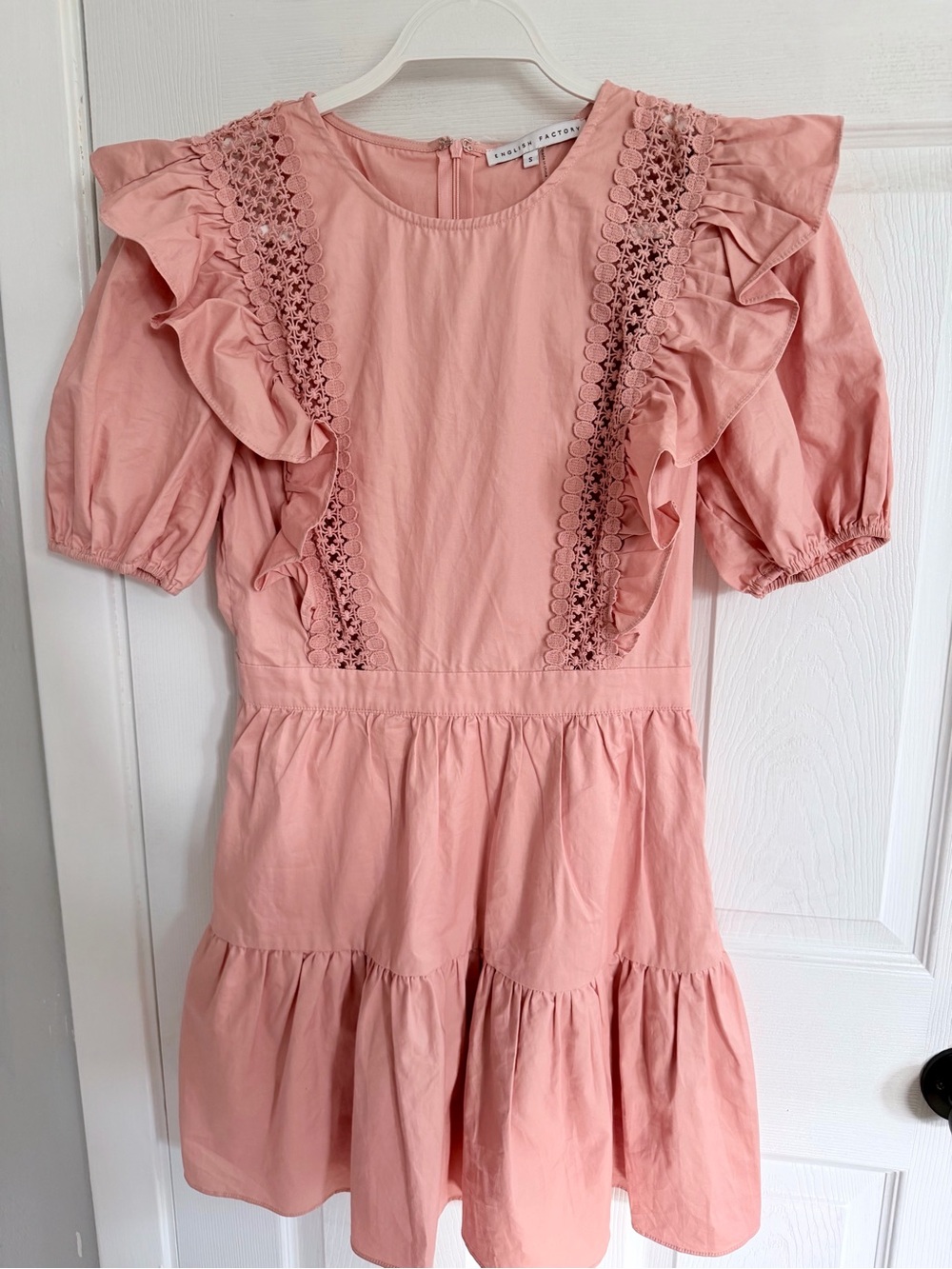 English Factory Lace Inserted Mini Dress with Puff Sleeves S